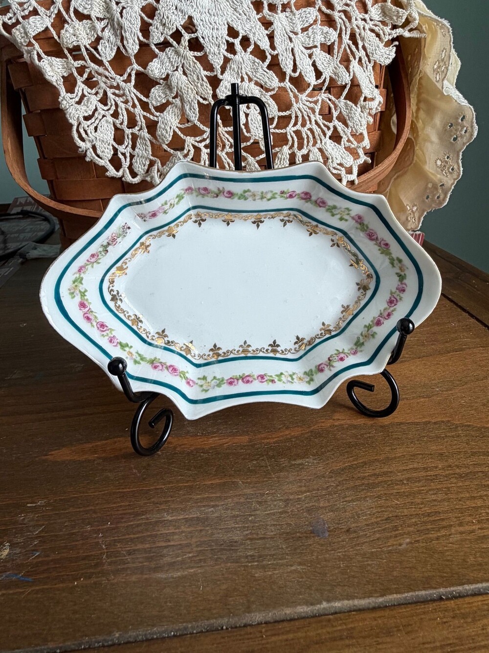 #19 vintage hand-painted Nippon porcelain nut dish with floral garland and gilt
